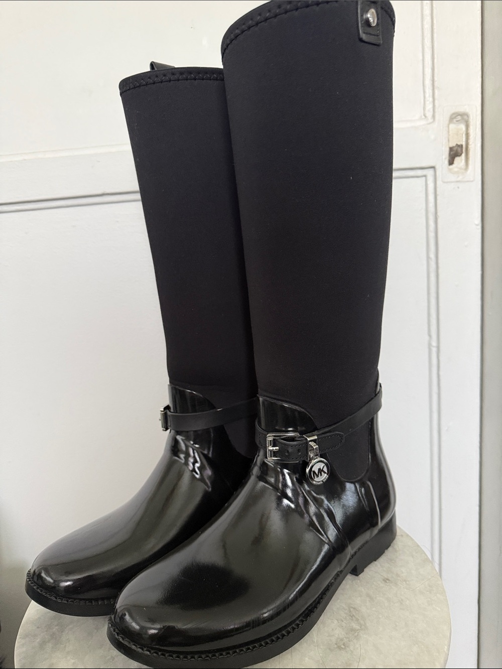 Michael Kors Black Over-the-Knee Glossy Rain Boots with Logo Charm